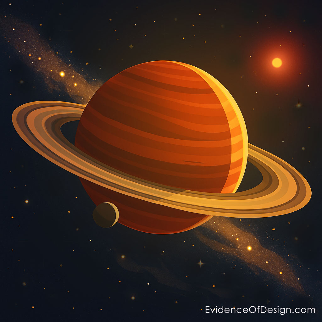 Illustration of Saturn with its iconic rings, shown from space in a dark starry backdrop.