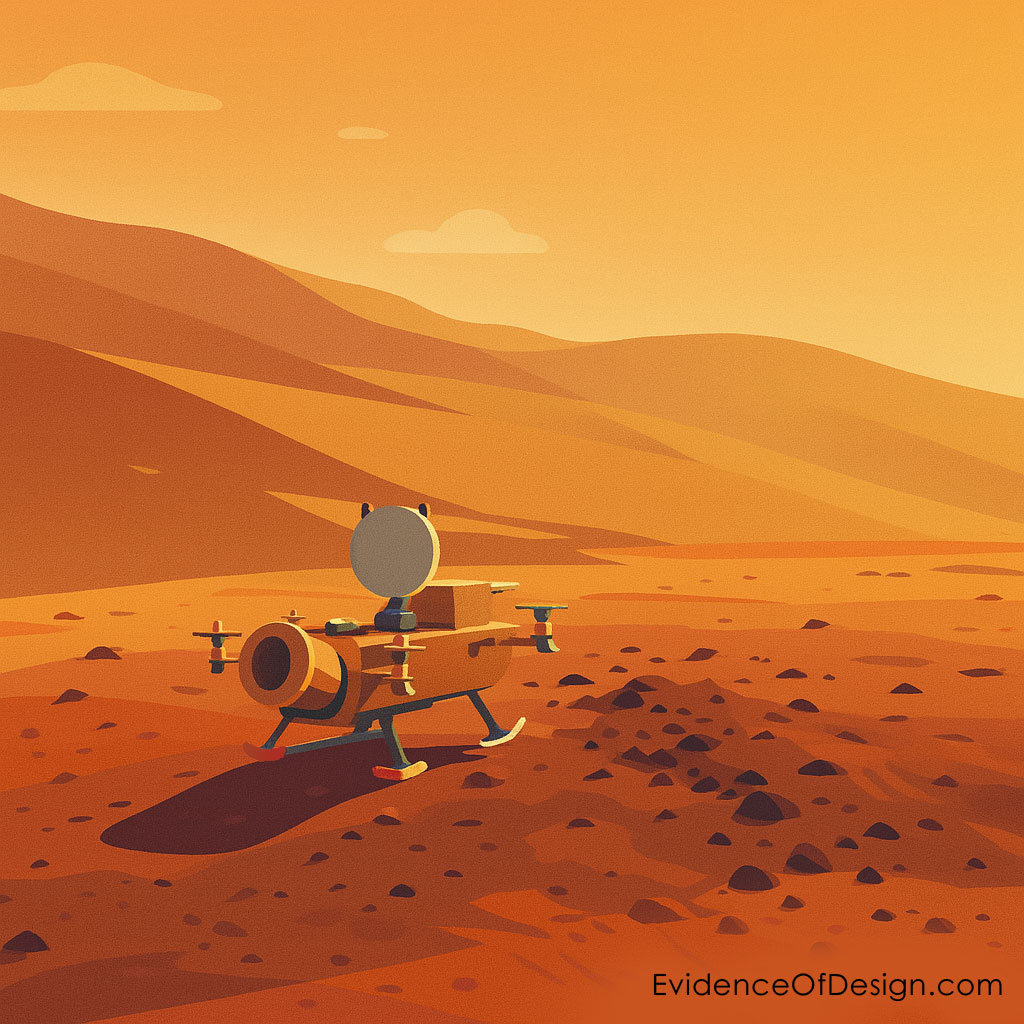 Space probe vehicle on a rocky, barren surface beneath hazy orange skies, representing a Mars/Titan exploration mission.