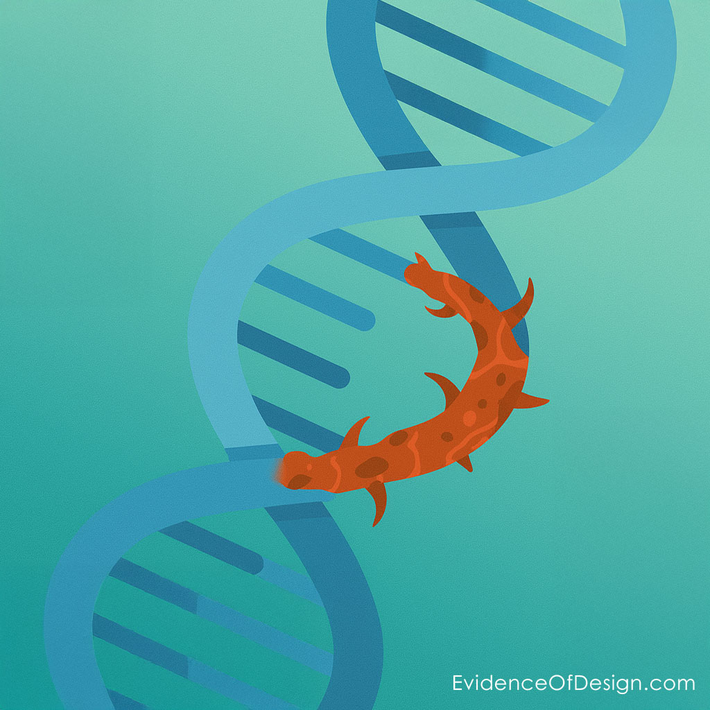 Illustration of DNA strand with highlighted mutations, representing genetic changes and the challenges they pose to evolutionary theory and chromosome compatibility