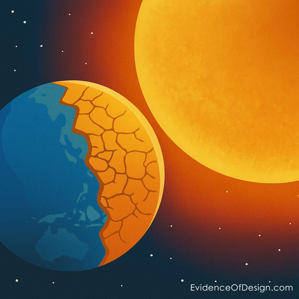 Illustration of planet Earth extremely close to the Sun, with its surface scorched and crusty, symbolizing the precise order required for life and the catastrophic results if Earth’s position were even slightly altered