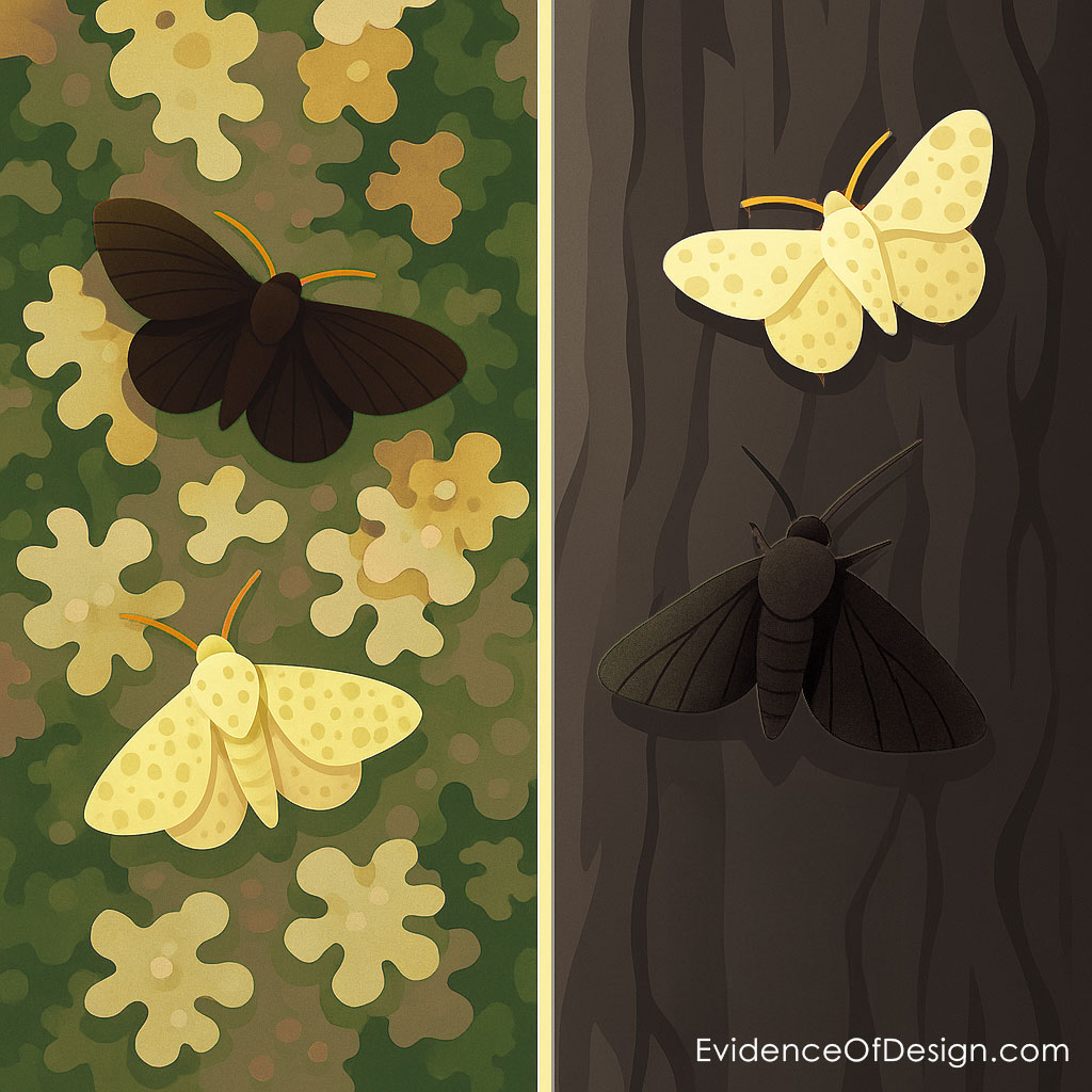 Two peppered moth specimens (light typica and dark carbonaria) illustrating industrial melanism adaptation to environmental pollution.