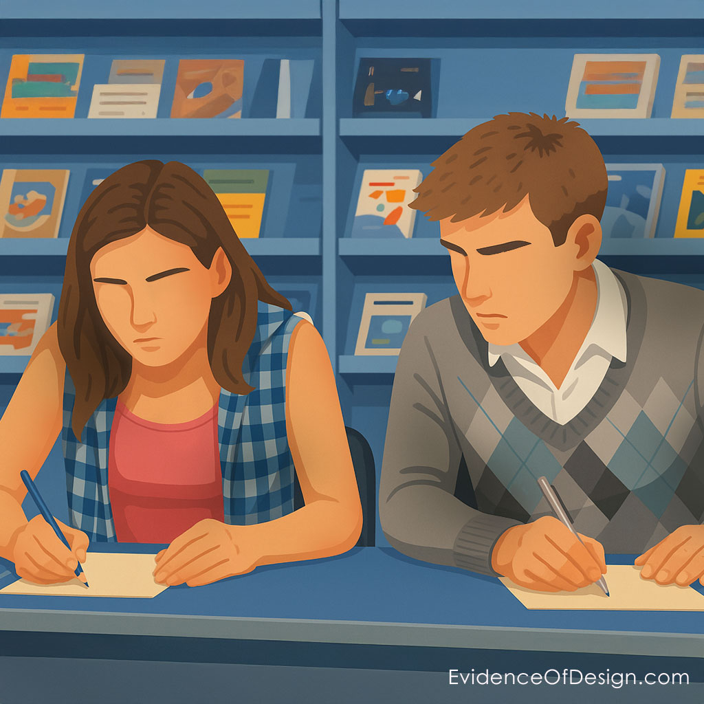 Two students at a desk in a library taking a test, one glancing at the other’s paper—a visual metaphor for cheating and moral temptation.
