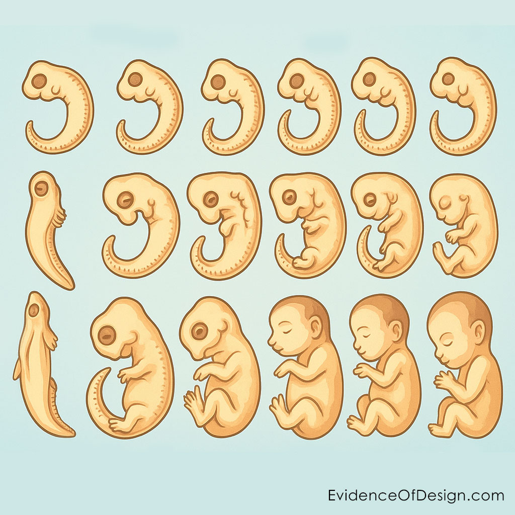 Haeckel’s comparative embryo drawings—fish to human