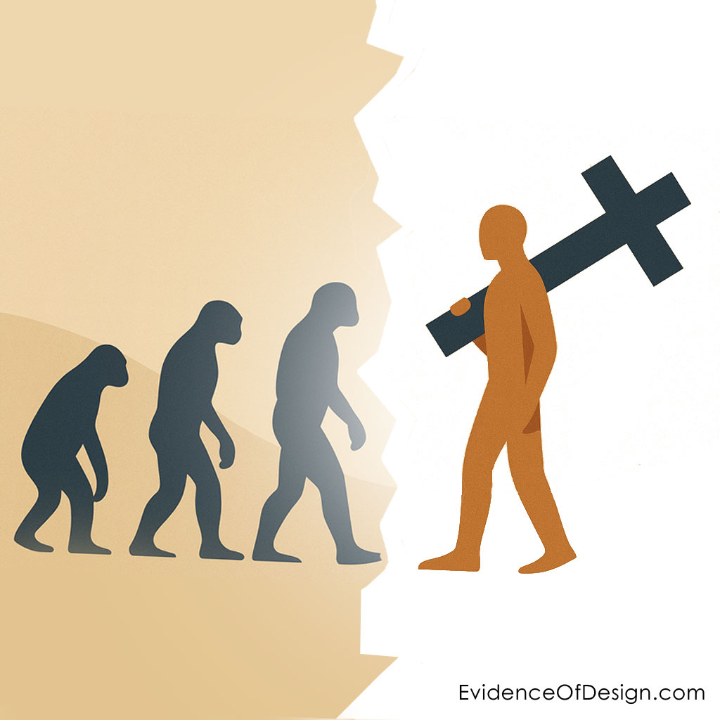 Illustration contrasting creationism and evolution: Jesus Christ holding the cross opposite a sequence of evolutionary ape-to-man transitions, visualizing the fundamental differences between biblical creation and evolutionary theory
