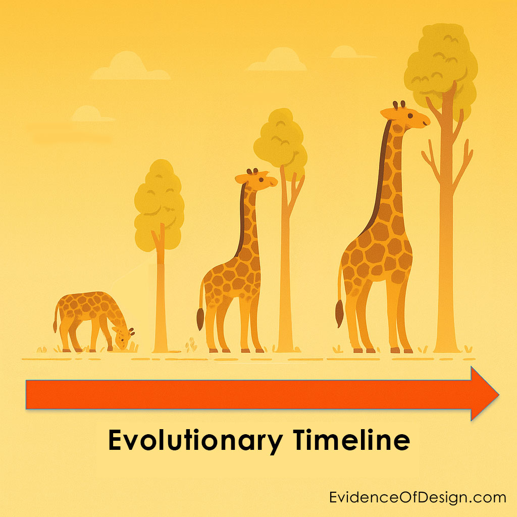 Illustration of giraffe neck-lengthening over generations, showing small to tall giraffes reaching increasingly higher leaves.