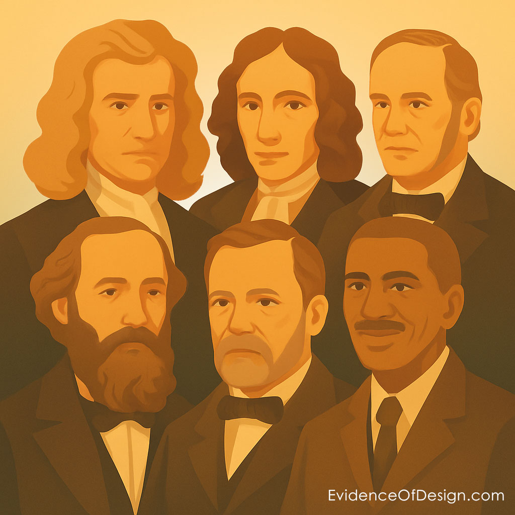 Portrait collage of six historical scientists: Isaac Newton, Robert Boyle, Joseph Lister, James Clerk Maxwell, Louis Pasteur, George Washington Carver.