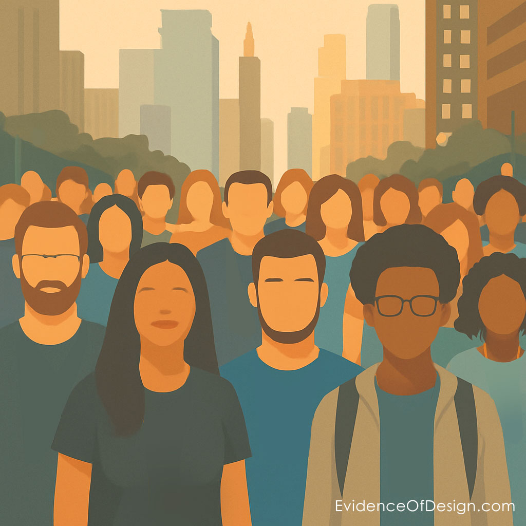 Large group of diverse people representing the current global population, illustrating human population growth in relation to evolution and creation science