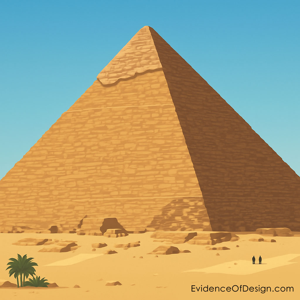 Great Pyramid of Giza on the Giza Plateau, towering with ancient stone blocks beneath a blue sky.